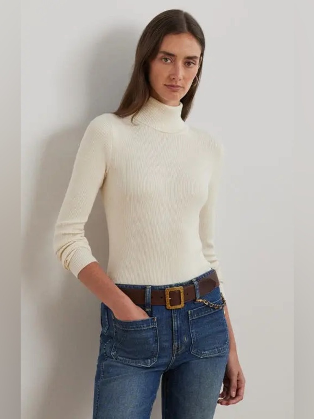 RALPH LAUREN Amanda Turtleneck Rib Cotton Blend Sweater Cream Size XS